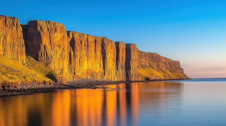 Stunning coastal cliffs rise dramatically above serene waters, reflecting vibrant sunset hues. A perfect capture of natural beauty and tranquility for nature enthusiasts.の素材