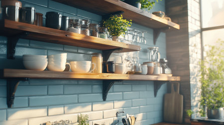 A beautifully organized rustic kitchen featuring wooden shelves filled with glass jars and fresh herbs, bathed in warm natural sunlight creating a cozy culinary space.の素材