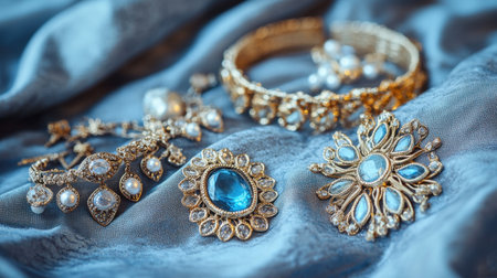 A stunning collection of gold and blue gemstone jewelry elegantly arranged on plush blue fabric, showcasing craftsmanship and luxury in every detail.の素材