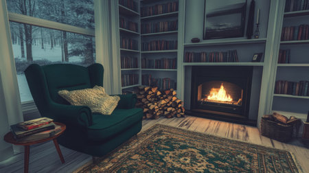 This image captures a cozy winter living room featuring a warm fireplace, a comfortable armchair, and shelves full of books, perfect for relaxation.の素材