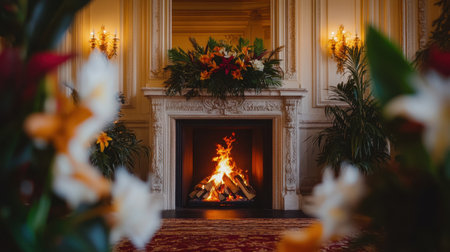 A stunning interior scene featuring a warm fireplace surrounded by exquisite floral arrangements, creating a cozy and inviting atmosphere in a luxurious setting.の素材