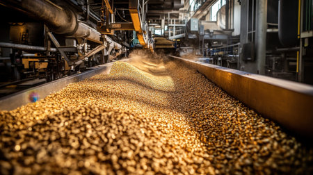 A dynamic view of a state-of-the-art coffee bean processing line showcasing machinery and conveyor systems with a focus on efficiency and quality control.の素材