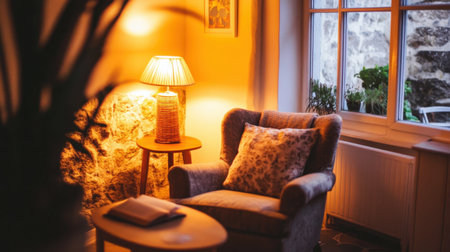 This cozy reading nook features a plush chair, warm light, and inviting decor, creating a perfect space for relaxation, reading a book, and enjoying quiet moments.の素材