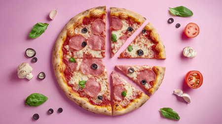 Captivating image of a pepperoni pizza presented on a pink background, showcasing vibrant ingredients like cheese, olives, and basil for food enthusiasts.の素材