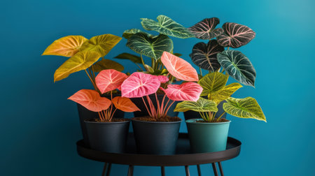 Explore a stunning arrangement of vibrant indoor plants featuring colorful leaves in stylish pots. Ideal for enhancing home decor and bringing nature indoors.の素材