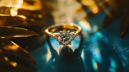 Stunning diamond ring features a floral design, illuminated by soft lighting and surrounded by golden leaves, evoking a sense of luxury and romance. Perfect for jewelry lovers.の素材
