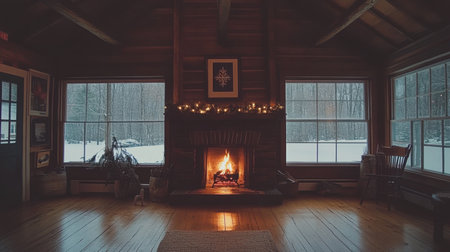 A cozy cabin interior featuring a crackling fireplace, with snow gently falling outside large windows, creating a warm and inviting winter ambiance for relaxation.の素材
