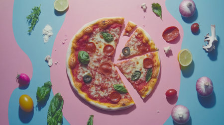 A vibrant pizza setup with slices and fresh ingredients like tomatoes, basil, and onions arranged on a colorful background, perfect for culinary inspirations.の素材