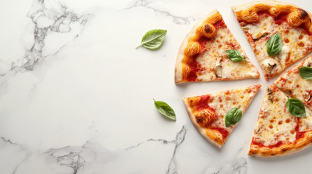 A beautiful composition of freshly baked Margherita pizza slices laid on a marble countertop, enhanced by vibrant basil leaves, perfect for food photography.の素材