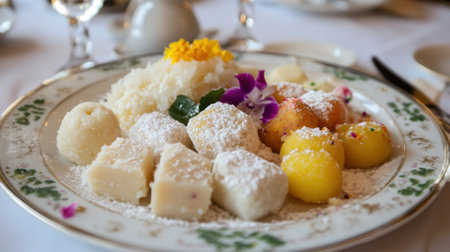 A beautiful dessert platter showcasing a variety of sweet treats made from rice, coconut, and tropical fruits, presented elegantly with edible flowers, perfect for any special occasion.の素材