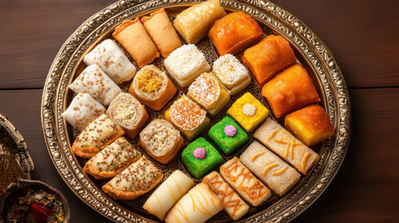A stunning array of assorted traditional pastries and sweets arranged beautifully on an ornate tray, showcasing vibrant colors and unique textures, perfect for celebrations.の素材