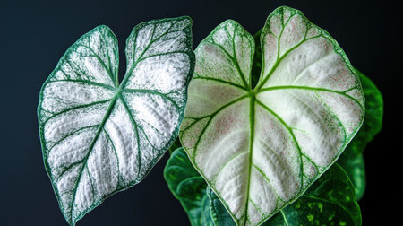 Captivating close-up of two green leaves showcasing unique veins and textures under natural light, perfect for bringing a touch of nature into any space.の素材