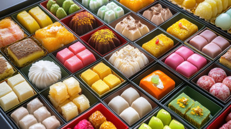Discover an exquisite collection of traditional Asian sweets featuring vibrant colors and intricate designs, perfect for special occasions and culinary delights.の素材