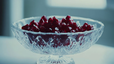 Close-up of vibrant pomegranate seeds displayed in an elegant crystal bowl, highlighting fresh and healthy food options perfect for recipes and seasonal celebrations.の素材