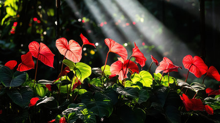 A stunning display of vibrant red leaves stands out against lush green foliage, illuminated by radiant sunlight filtering through a natural setting, creating a tranquil atmosphere.の素材