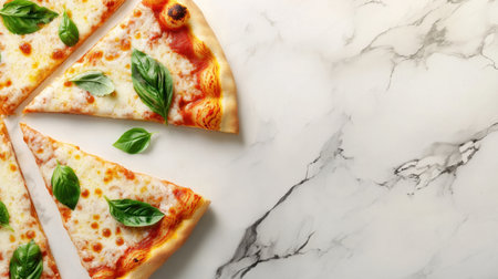 Savory pizza slices laid out on a polished marble surface, garnished with fresh basil leaves, showcasing the blend of flavors and textures in an inviting setting.の素材