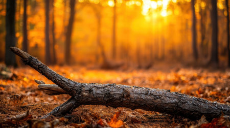 Experience the serene beauty of an autumn forest scene where golden sunlight filters through towering trees, illuminating a rustic log resting on the vibrant ground.の素材