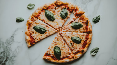 A stunning display of freshly baked margherita pizza slices adorned with vibrant basil leaves on a sleek marble surface, perfect for culinary inspiration.の素材