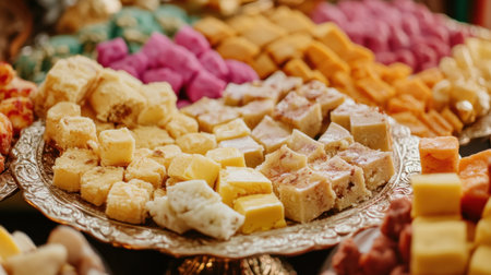A beautifully arranged tray of assorted traditional sweets and desserts, showcasing vibrant colors and diverse flavors, perfect for festive gatherings and celebrations.の素材