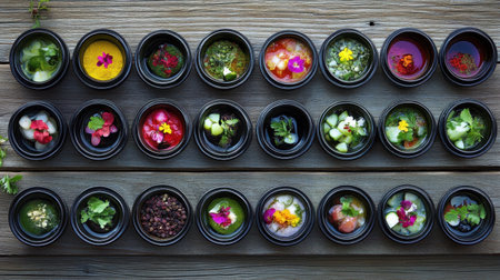 Explore a vibrant collection of fresh ingredients displayed in small containers, showcasing creativity and color on a rustic wooden background. Perfect for culinary inspiration.の素材