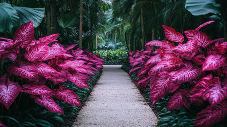 A tranquil garden path invites visitors through vibrant pink leaves and lush greenery, creating a serene atmosphere perfect for nature enthusiasts and photographers.の素材