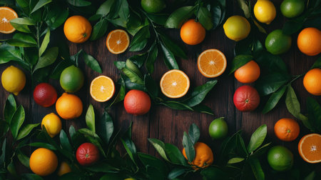 This image showcases a vibrant assortment of fresh citrus fruits including oranges, lemons, and limes, beautifully arranged with green leaves on a dark wooden background.の素材