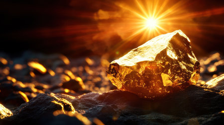 A captivating golden rock sits on dark ground, beautifully illuminated by the bright sunrise. This vibrant photo showcases nature's beauty and stunning light effects.の素材
