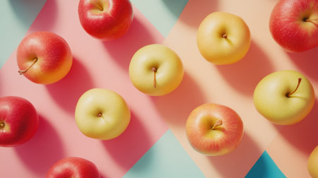 A visually striking arrangement of red and green apples on soft pastel geometric backgrounds, capturing the essence of freshness and vibrant colors in natural light.の素材