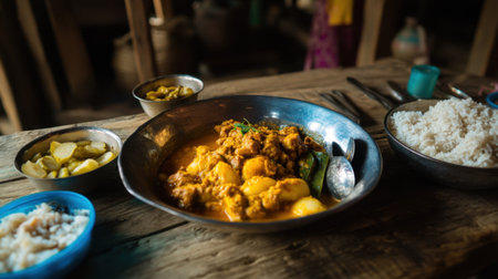 A delightful arrangement of traditional Indian vegetable curry served with rice and various side dishes on a rustic wooden table, showcasing rich flavors and culture.の素材