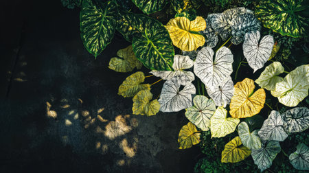 Explore a captivating close-up of lush green and yellow leaves with intricate textures illuminated by soft sunlight in a tranquil tropical setting.の素材