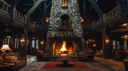 Experience the inviting charm of a rustic lodge interior featuring a majestic stone fireplace, warm lighting, and comfortable seating, perfect for gatherings.の素材