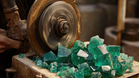 An artisan skillfully operates a grinding machine, shaping bright emerald green crystals in a workshop setting. The image captures the artistry and precision of manual craftsmanship.の素材