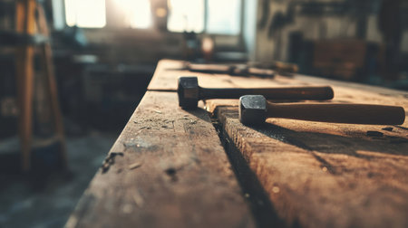 This captivating image features hammers resting on a weathered wood surface in a workshop. The warm sunlight creates a cozy atmosphere, perfect for artisans and craft lovers.の素材