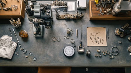 A detailed overhead view of a jewelry workshop workbench showing various tools, materials, and precision instruments used in craftsmanship for jewelry design and repair.の素材