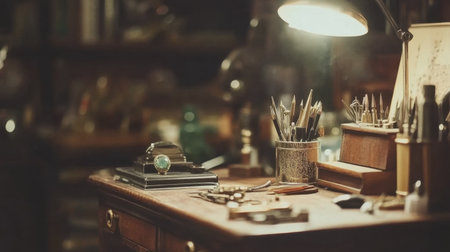 An inviting workspace featuring an antique desk adorned with pens, tools, and a soft light, creating an inspiring atmosphere perfect for artistic expression and creativity.の素材