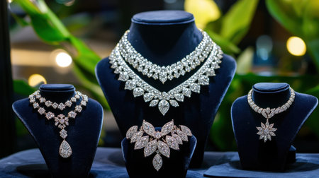 A stunning collection of diamond jewelry artfully arranged, showcasing necklaces and brooches that exemplify luxury and exquisite craftsmanship in a captivating floral display.の素材