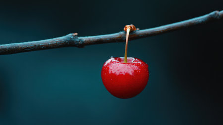 A stunning close-up of a single glossy red cherry hanging from a slender branch, set against a soft dark blue background. Perfect for minimalist fruit themes.の素材