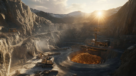 Captivating aerial view of a bustling open-pit mining operation at sunset. Heavy machinery works tirelessly in a dramatic mountainous landscape, revealing valuable minerals.の素材
