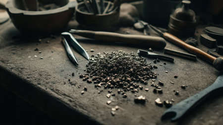 Close-up of a rustic workbench filled with tools and metal shavings, illustrating the intricate process of metalworking in an artisan workshop setting.の素材