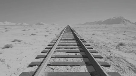 Captivating black and white image of railway tracks extending into the distant horizon over a serene desert environment, capturing a sense of solitude and exploration.の素材