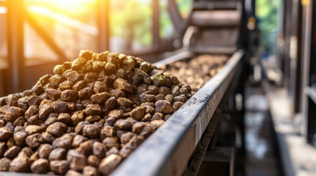 Industrial scene featuring heaps of processed mineral ore on a conveyor belt illuminated by sunlight, capturing a dynamic workflow in a factory environment.の素材