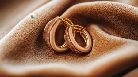 This image features elegant gold earrings resting on a soft brown fabric, showcasing the jewelry's shine and design in a serene and stylish manner.の素材