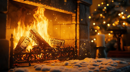 A warm and inviting scene featuring a cozy fireplace with flickering flames, soft carpet, and twinkling lights, creating a perfect atmosphere for relaxation on winter evenings.の素材