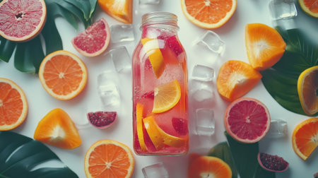 This vibrant image features a refreshing citrus infused drink in a glass bottle, surrounded by colorful fruit slices and ice, showcasing a perfect summer refreshment.の素材