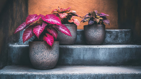 A stunning display of vibrant indoor plants in elegant pots arranged on stairs, blending natural beauty with urban charm while enhancing interior aesthetics and harmony.の素材