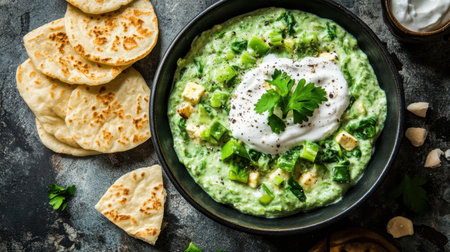 This vibrant spinach dip features creamy goodness combined with fresh vegetables and is paired with warm flatbread, perfect for gatherings and snacks.の素材