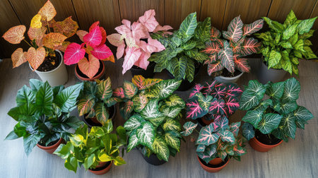 A stunning display of vibrant indoor plants featuring a variety of colors and textures in stylish pots, perfect for enhancing any living space or workspace.の素材