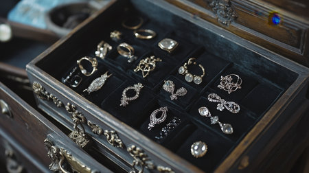 A beautifully arranged vintage jewelry box showcases an elegant collection of silver accessories, highlighting intricate details against a dark velvet backdrop.の素材