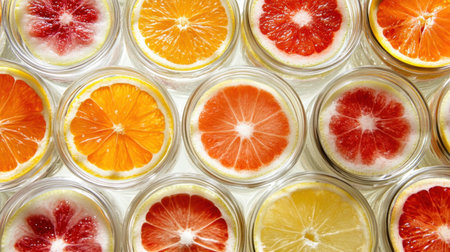 A captivating arrangement of citrus fruit slices in glass jars highlights the vibrant colors and natural textures, perfect for healthy snacks or refreshing beverages.の素材