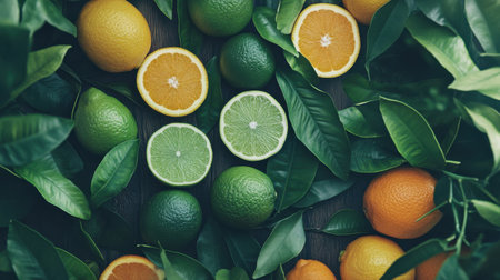 A vibrant arrangement of fresh citrus fruits, including lemons, limes, and oranges, surrounded by green leaves on a rustic wooden background, perfect for healthy lifestyle themes.の素材